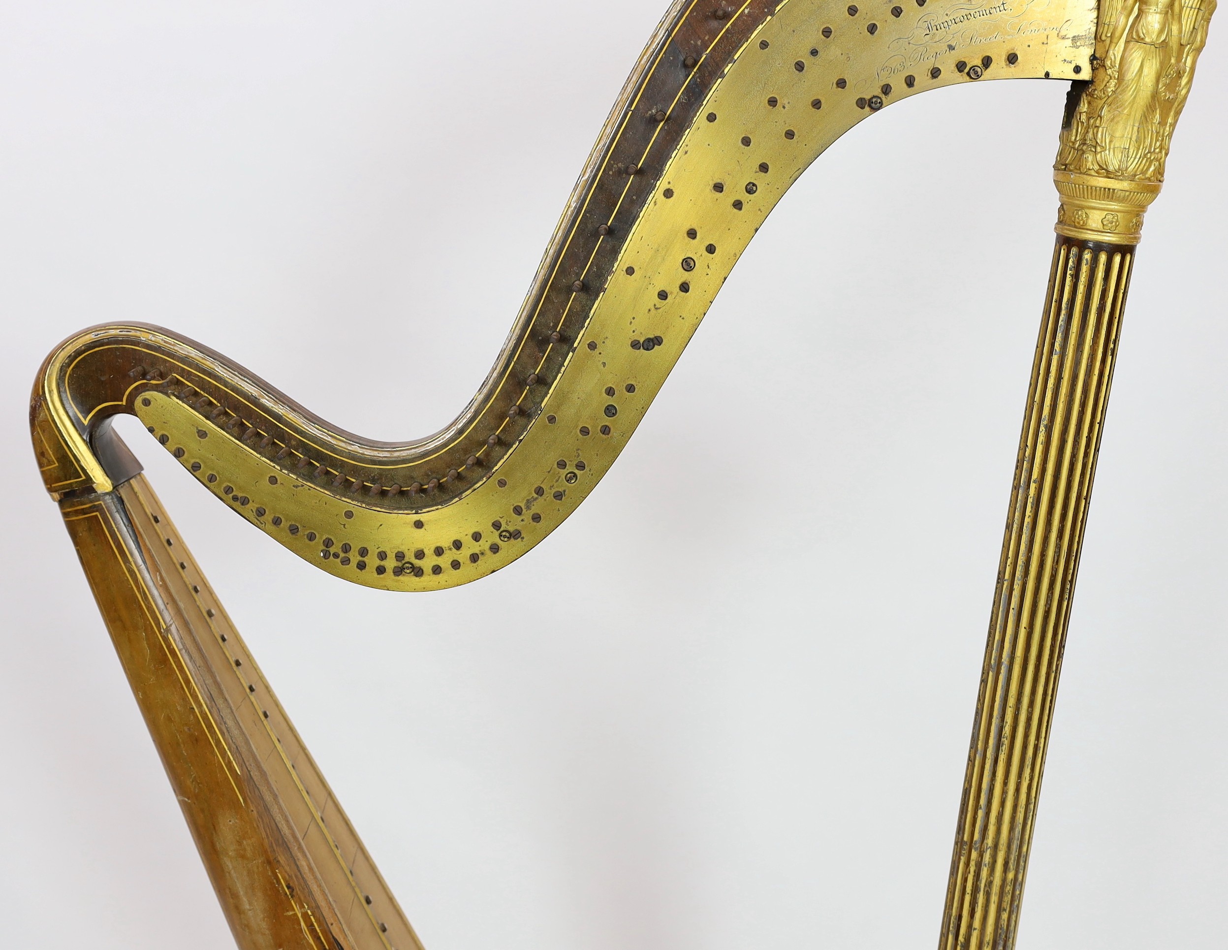 A mid 19th century J.Schwieso giltwood, satinwood and rosewood 'Grecian' concert harp, width 84cm, height 170cm.